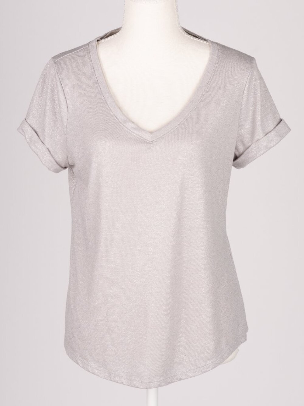 White House Black Market Metallic Silver V Neck Cuff T-Shirt Medium Petite MP
